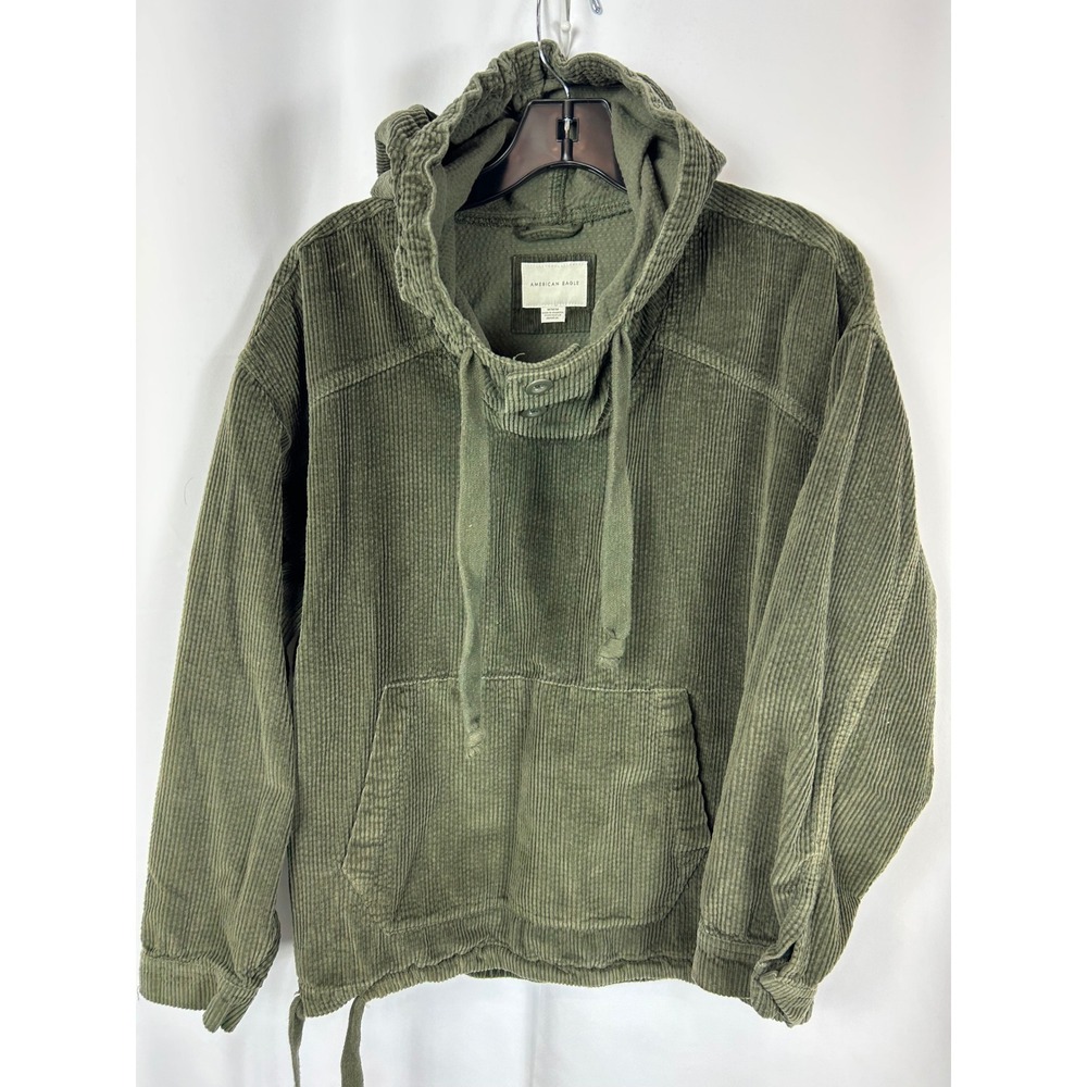 American Eagle Olive Green Corduroy Pullover Hoodie Cabincore Gorpcore Medium